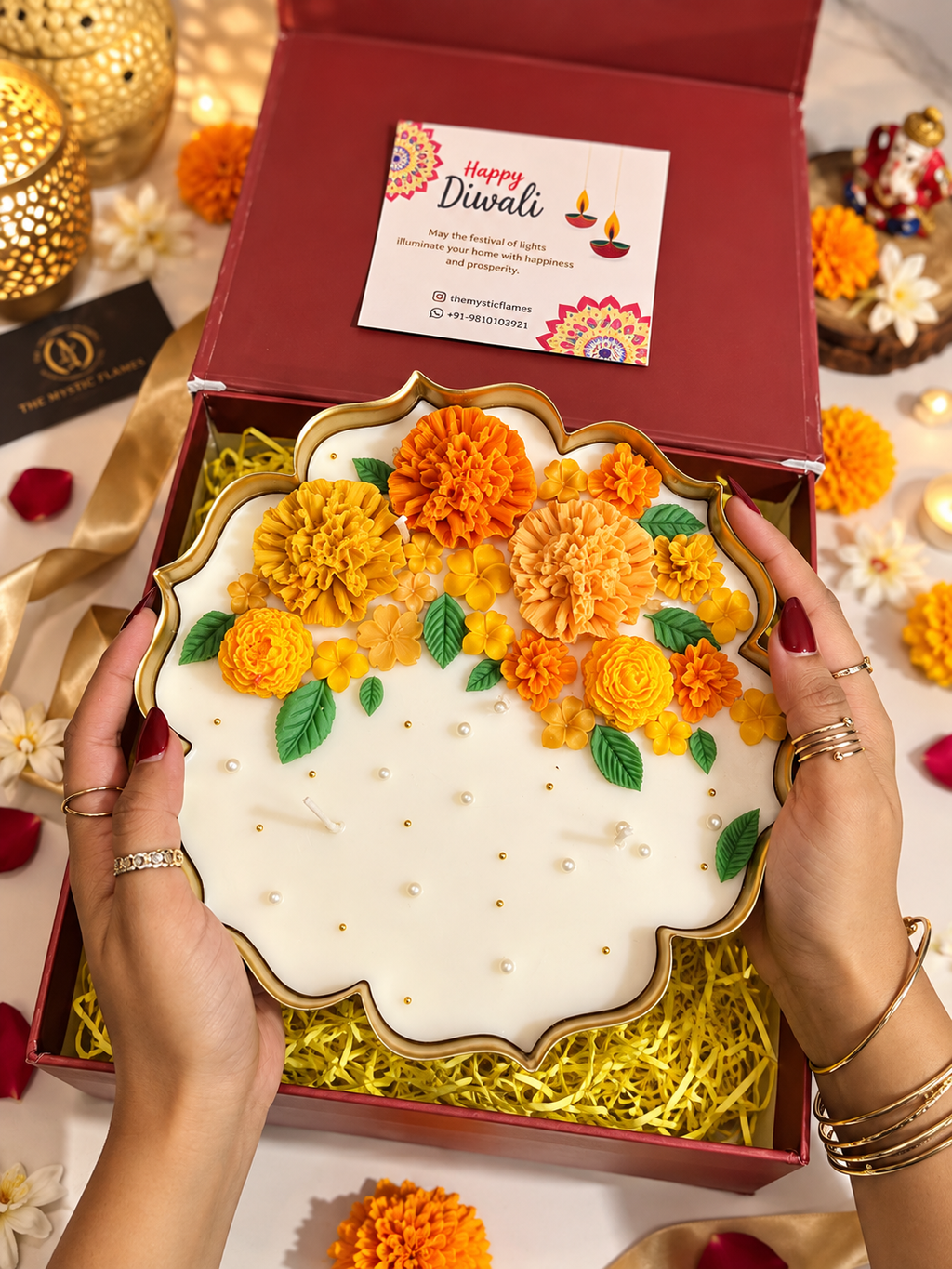 Marigold Utsav Candle - 9.5 Inch Floral Center Piece