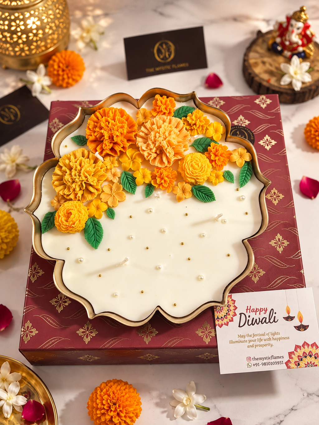 Marigold Utsav Candle - 9.5 Inch Floral Center Piece